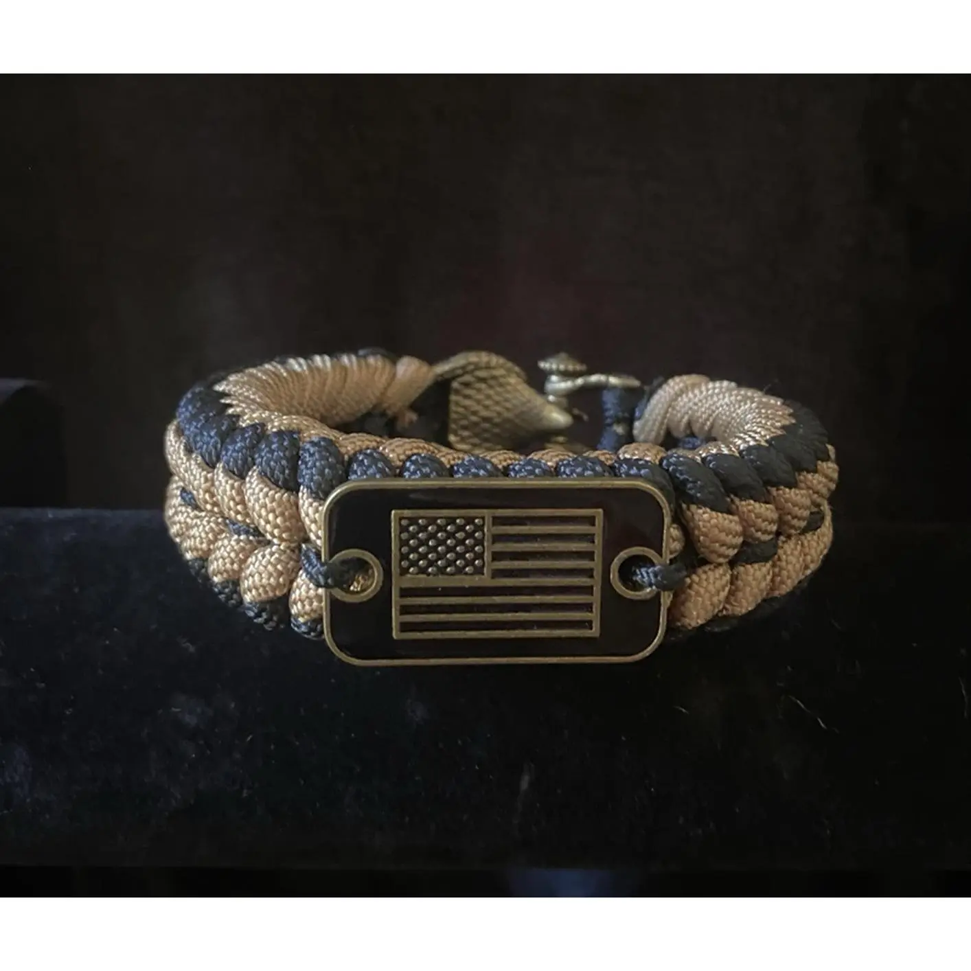 Black and Khaki American Flag with Eagle Buckle Paracord Bracelet Size 8 Patriotic Accessory