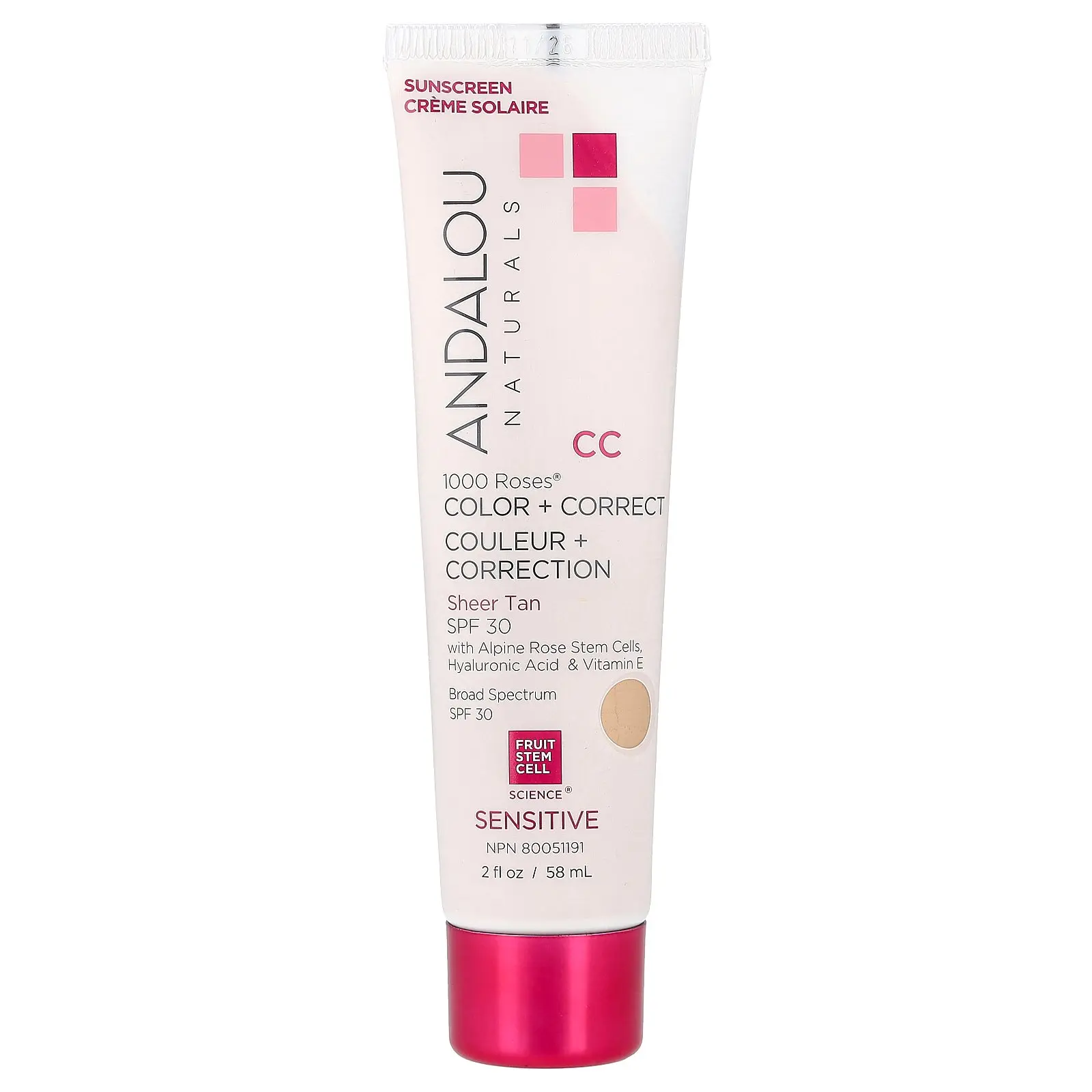 Andalou Naturals 1000 Roses®, Color + Correct, Sensitive, SPF 30, Sheer Tan, 2 fl oz (58 ml) | HSA/FSA Eligible