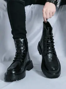 Men's Genuine Leather Round Toe Lace-Up Oxford Shoes with Side Zipper Platform Combat Boots with Lug Sole Comfortable Ankle Chukka Boots for Fall/Winter Outdoor Military Casual Business Work