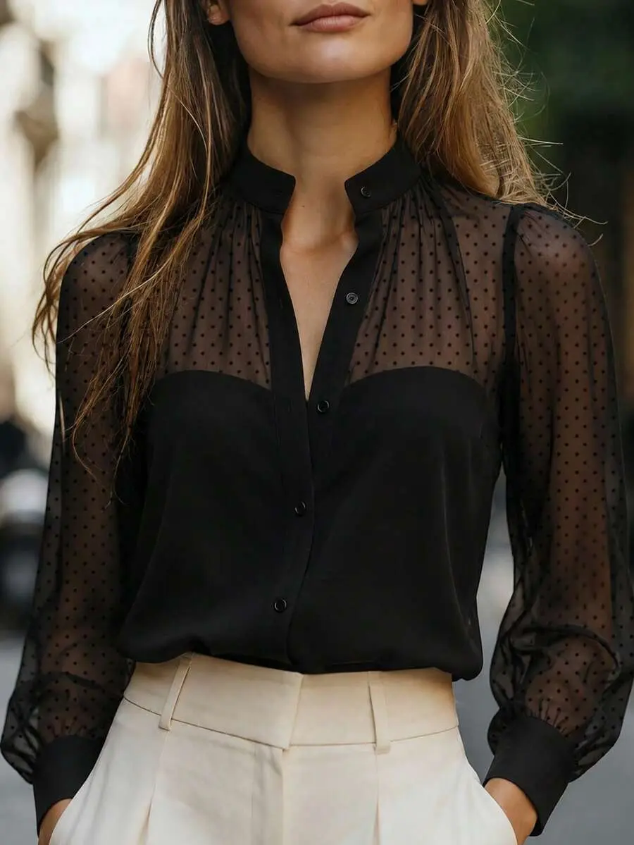 Y2KSTYLE Women's Black Stand Collar Mesh Puff Sleeve Blouse, Polka Dot Patchwork Long Sleeve Top