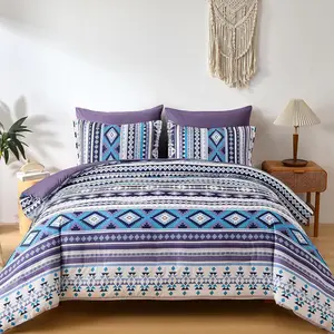 Size Bed in A Bag 7 count,Boho Comforter Set Striped Purple Bedding Set Bohemian Patchwork Complete Set Aztec Western Comforters for Fall Winter 90"x104"