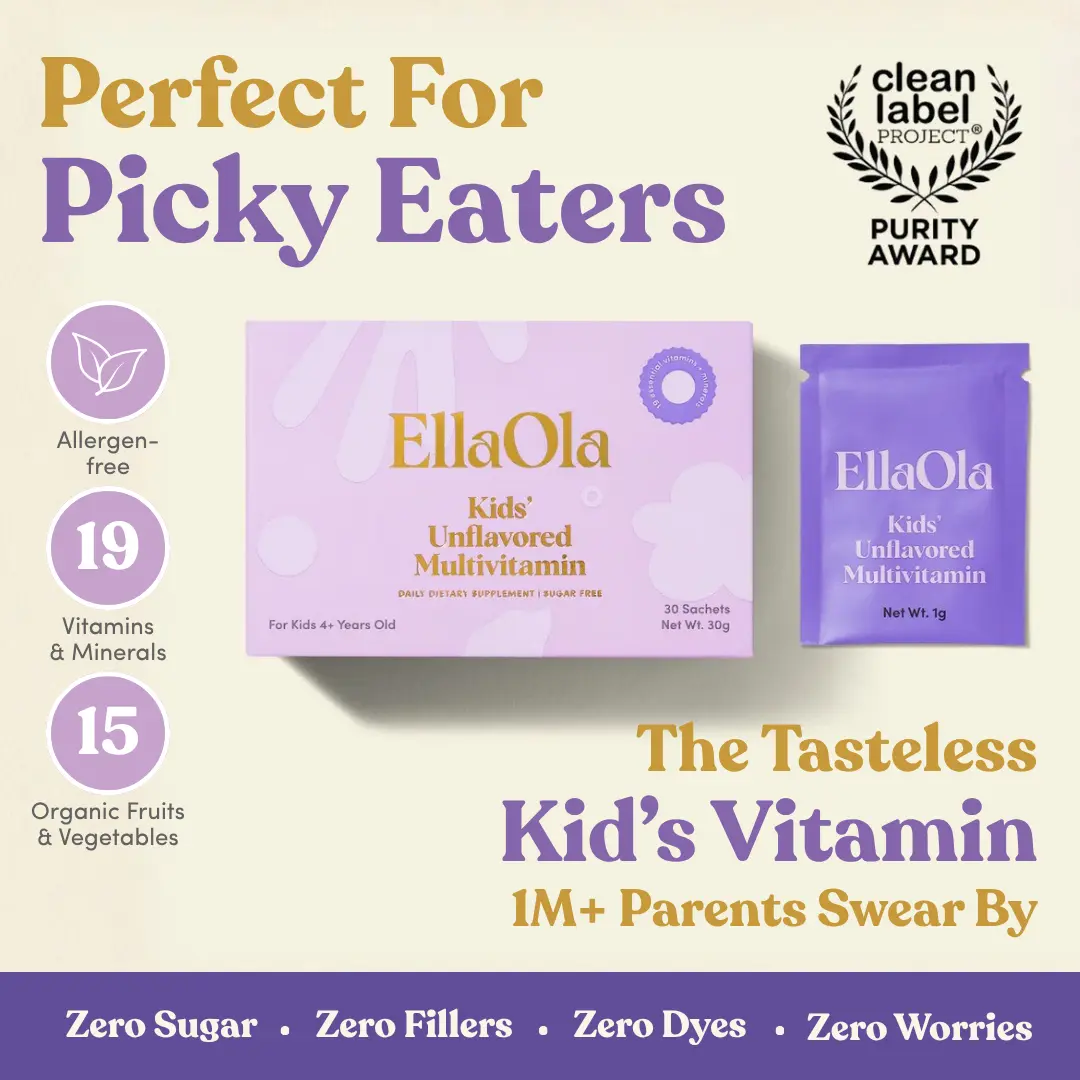 EllaOla Kids Essential Tasteless Multivitamin (4+ Years Old) - 30-Day Supply - Supports Total Health & Cognitive Development - 19 Vitamins & Minerals - 15 Organic Fruits & Veggies - Hidden in Food - Allergen-Free - Gluten-Free - Pediatrician-Developed
