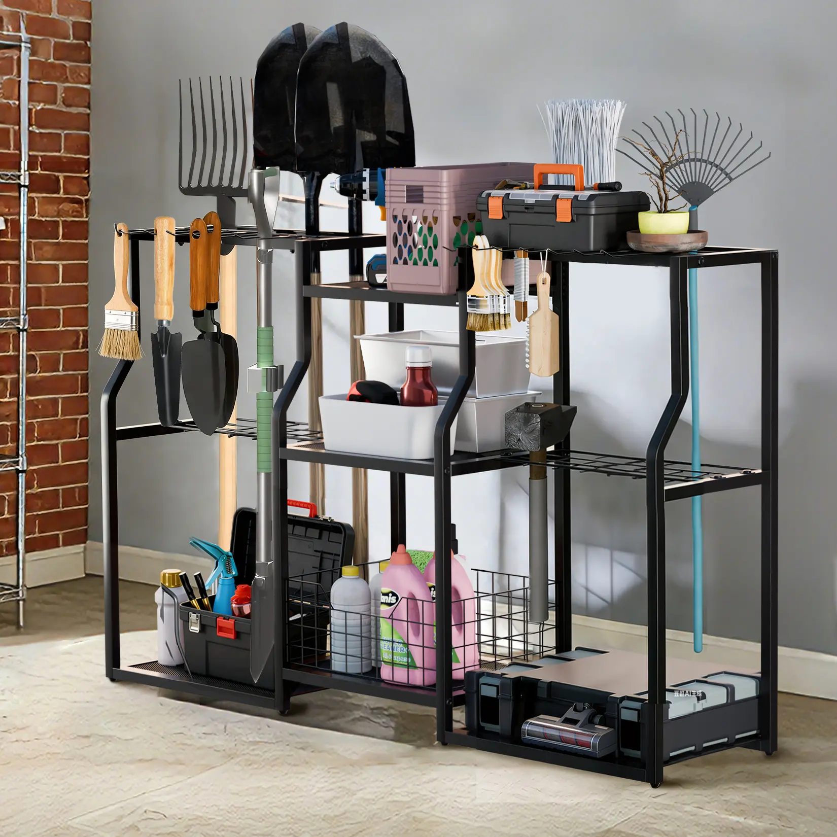 Space-Saving Freestanding Garden Tool Organizer Shelf with Slots, Basket – Workshop, Garage, Outdoor Shed Storage Rack for Rakes, Shovels, Brooms