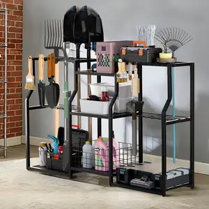 Freestanding Garden Tool Organizer Shelf Workshop Garage Storage Rack with Slots for Outdoor Shed Tool Rake, Shovel, Brooms
