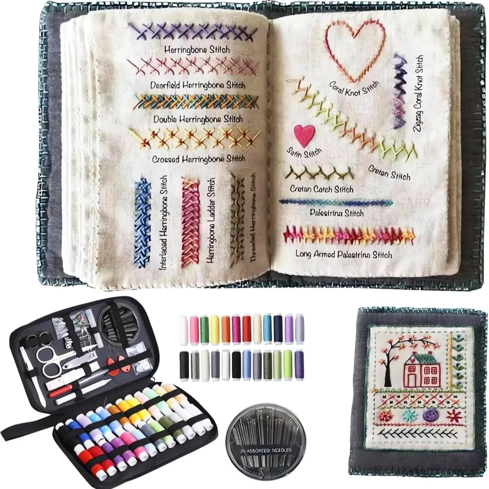 DIY Embroidery Stitch Book Kit,Gift for Craft Lovers, Embroidery Stitch Book Kit, Patterns with Tools & Tutorials, 86 PCS Beginner Embroidery Kit, Portable All-in-One Hand Embroidery Book for Adults & DIY Craft Lovers, Embroidery Design