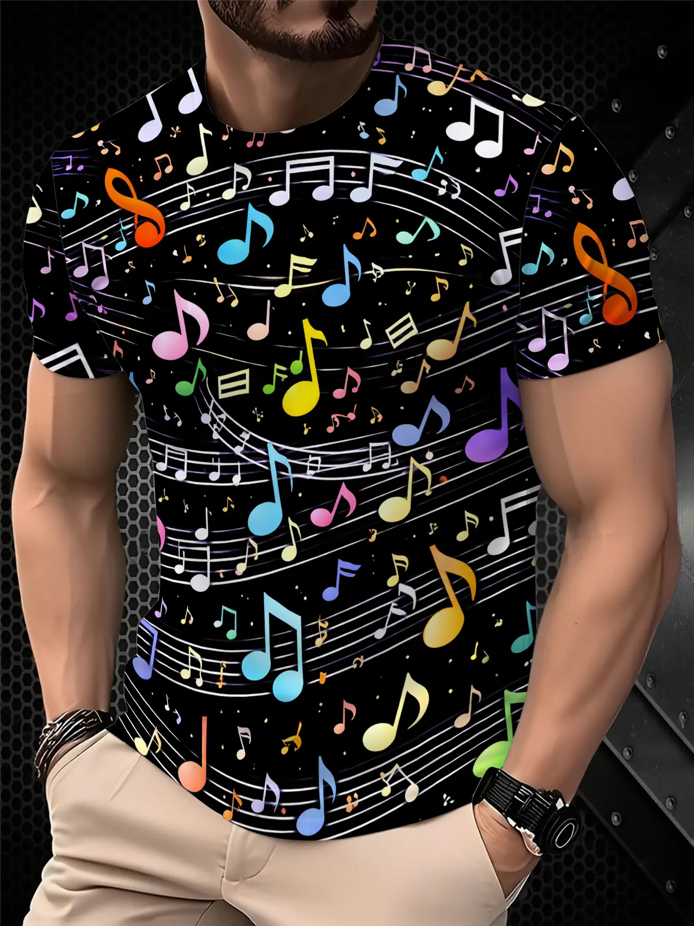 Men's Printed T-Shirt - Black/Gradient Multi-color Trendy Top, Round-neck Short-Sleeved T-shirt, suitable for daily wear, casual gatherings, fashionable gradient style, machine washable, Menswear