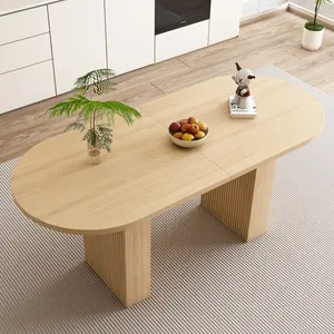 62.9'' Oval Dining Table for 4-6, Farmhouse Kitchen Table with Wood Strip Grooved Base, Large Round Dining Room Table for Living Space, Natural