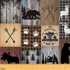 Plaid Deer Bear Upholstery Fabric,Bear Lodge Patchwork Textile Waterproof Fabric,Camping Hunting Rustic Cabin Buffalo Outdoor Fabric By The Yard