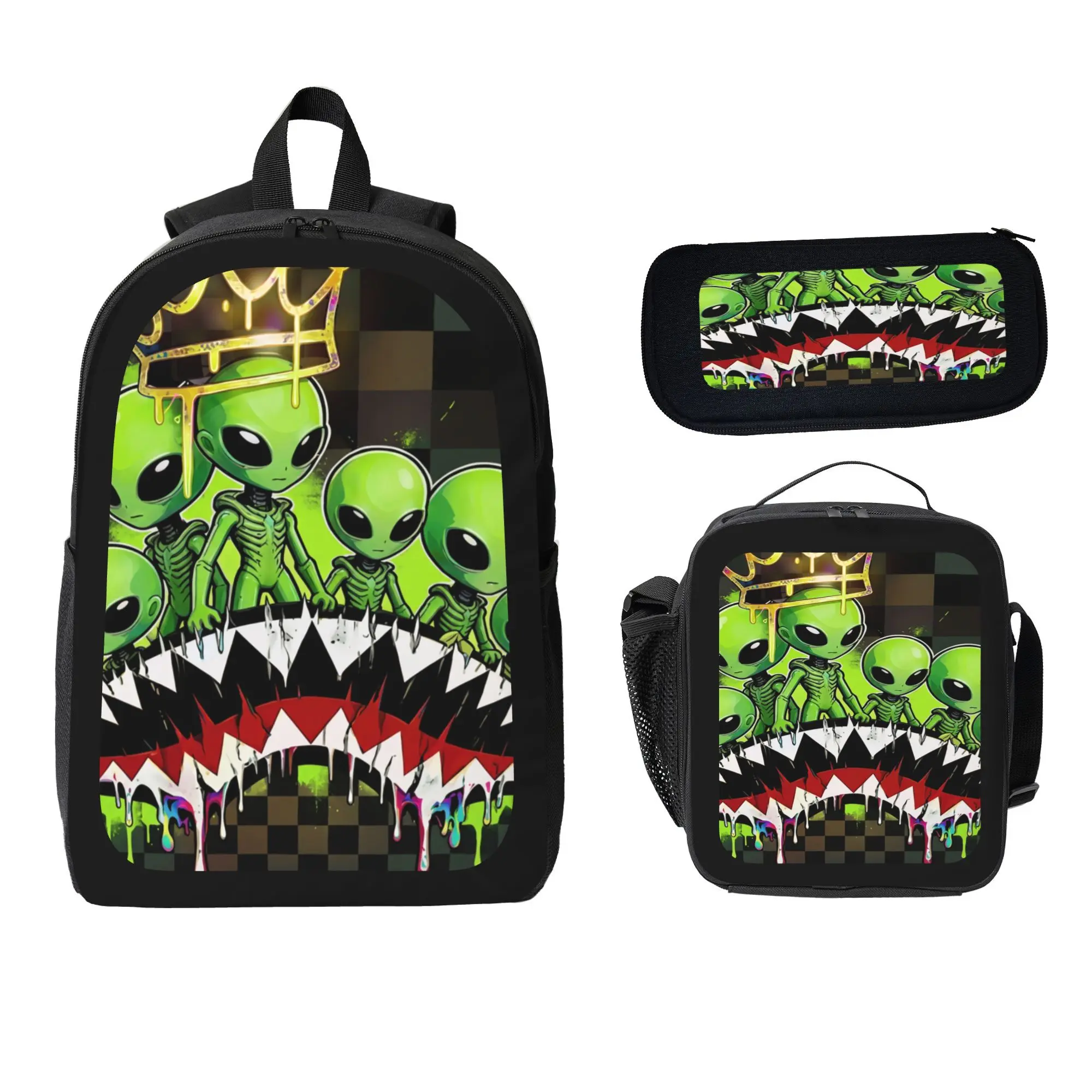 Boys' 3-in-1 Alien Print Space Theme Backpack Set - Durable Polyester Oxford Student Bookbag, Insulated Lunch Tote, Zipper Pen Case for School, Daily Outdoor Use
