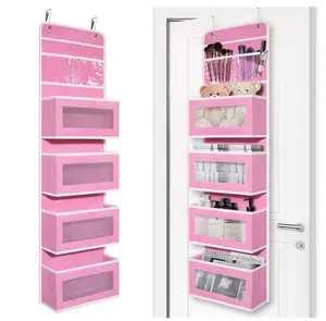 Over Door Organizer with 4 Large Capacity Pockets, Hanging Organizer Storage for Closet Bathroom Nursery Bedroom Dorm, Toys Cosmetics Sundries and Baby Essentials, Pink