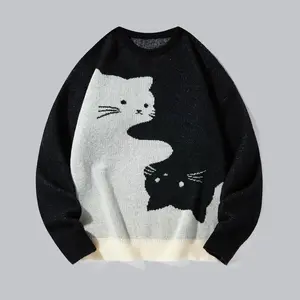 Men’s and women’s cartoon cat jacquard round-neck knitted sweater, loose long-sleeve pullover for autumn and winter; suitable for parties, weekends, leisure, Halloween, academy/collegiate style, work, and everyday wear; can be worn with a raincoat.