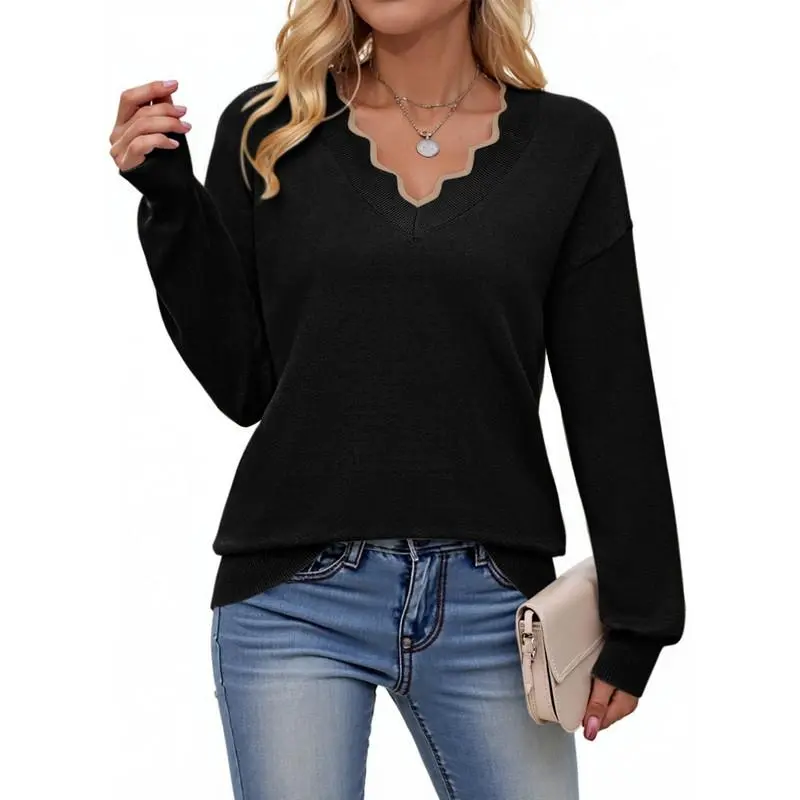 Dokotoo Women's Sweaters Casual V Neck Long Sleeve Lightweight Sweaters Loose Solid Fall Tops Pullover Sweater