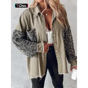 Women’s sequin-embellished long-sleeve jacket with a chest-forward design; a casual commuter jacket for spring, autumn, and winter