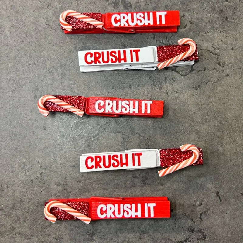 Cute Crush it candy cane Sports Clips & cheer pins! Perfect for clipping and pinning backpacks at gymnastics or cheer competition, softball or soccer game, volleyball or basketball Christmas/ holiday tournament