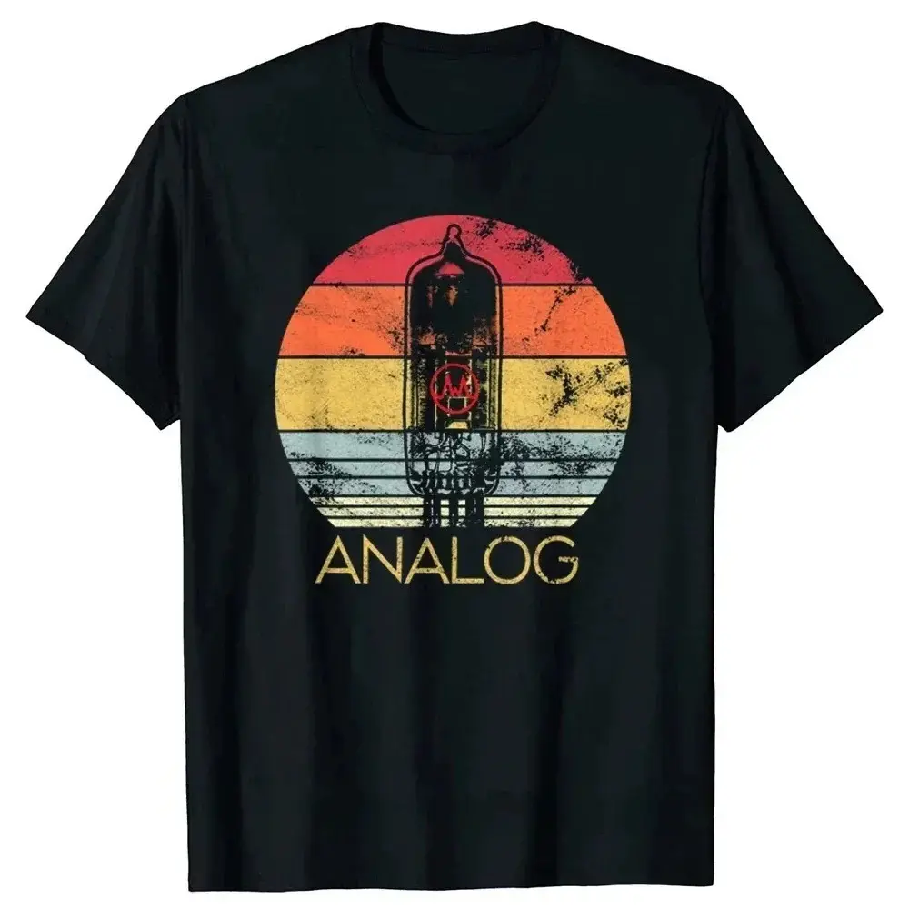 Analog Vacuum Tube Retro Sunset Striped Graphic T-Shirt, Audiophile Vintage Music Casual Short Sleeve Tee cotton unisex streetwear statement tee funny meme