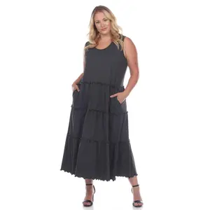 212 MAIN Women's Sleeveless Tiered Smock Midi Dress - Charcoal, Chic Soft Scoop Neck, Basic Casual Wear, Plus Size 1X (PS315-04-1X)