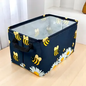 Storage Bins, Nursery Hamper Canvas Laundry Basket Foldable Coating Large Storage Baskets For Boys And Girls, Office, Bedroom, Clothes, (Blue-Sunflower), Shelf Baskets