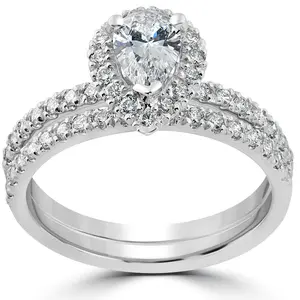 1.60 Ct Pear Diamond Engagement Ring Set 14k White Gold Halo Lab Grown