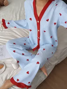 Women's Pajama Set, Loungewear, Multi-Color Striped Heart Print, V Neck Open Front, Contrast Binding, Ruffled Hem, Long Sleeve, All Seasons