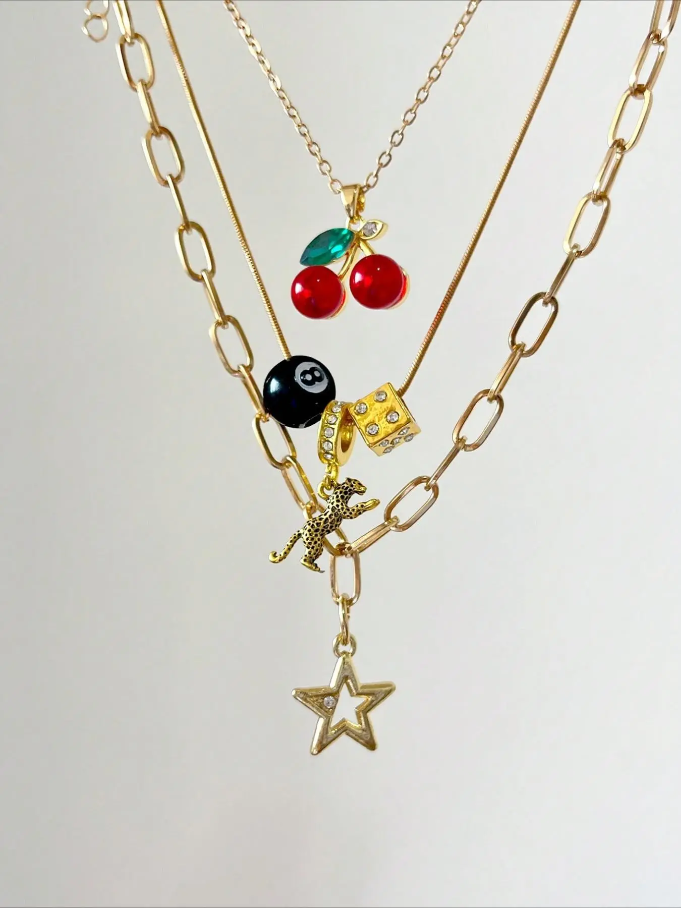 Women's Retro Star Cherry Eight Ball Leopard Pendant Charms Necklace Set, Trendy Multi-Layered Fashion Jewelry Party Birthday Gift Jewelry for Women Daily Wear Layering Necklaces Alloy Necklace