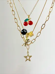 Women's Retro Star Cherry Eight Ball Leopard Pendant Charms Necklace Set, Trendy Multi-Layered Party Jewelry for Women Daily Wear