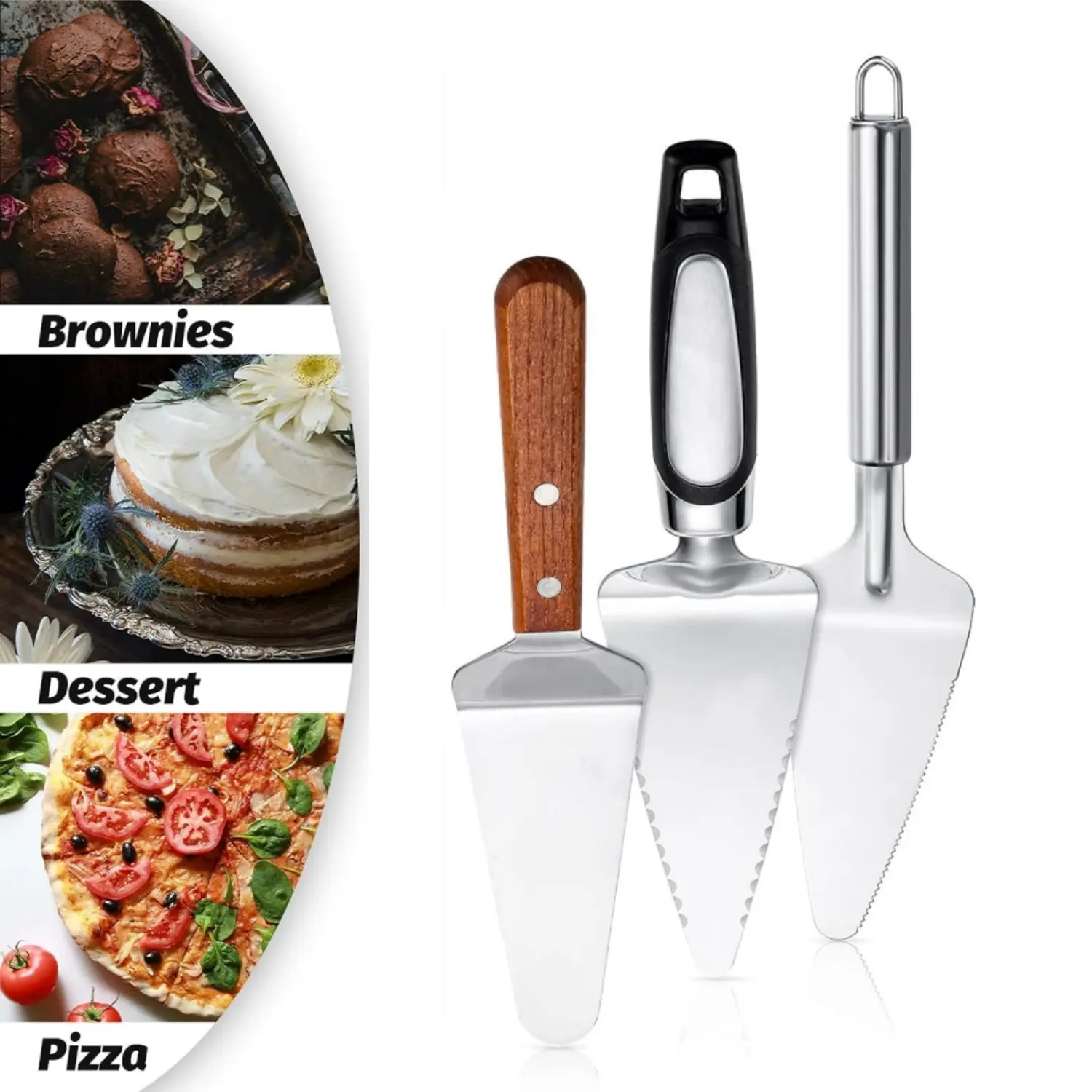 3 Pcs Stainless Steel Pie Server Set with Wood Handle - Utensils Including Serrated Edge Cutter, Pie Spatula, Pizza Slicer for Cake Serving, Kitchen Cutting & Dessert Serving (Home Improvement)