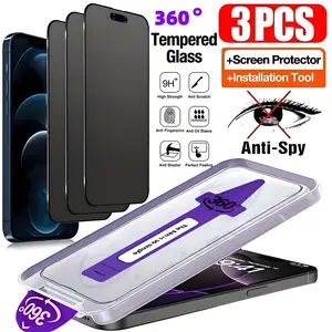 3pcs 360° Pull-Out Anti-Spy Screen Protector Set, Compatible with iPhone 17 Pro Max, 16, 15 Plus, 14, 13, 12, Anti-Peeping Design, Includes Tempered Glass Screen Protector, One-Click Application, Dust-Free Design, HD Clear Anti-Fingerprint Film,