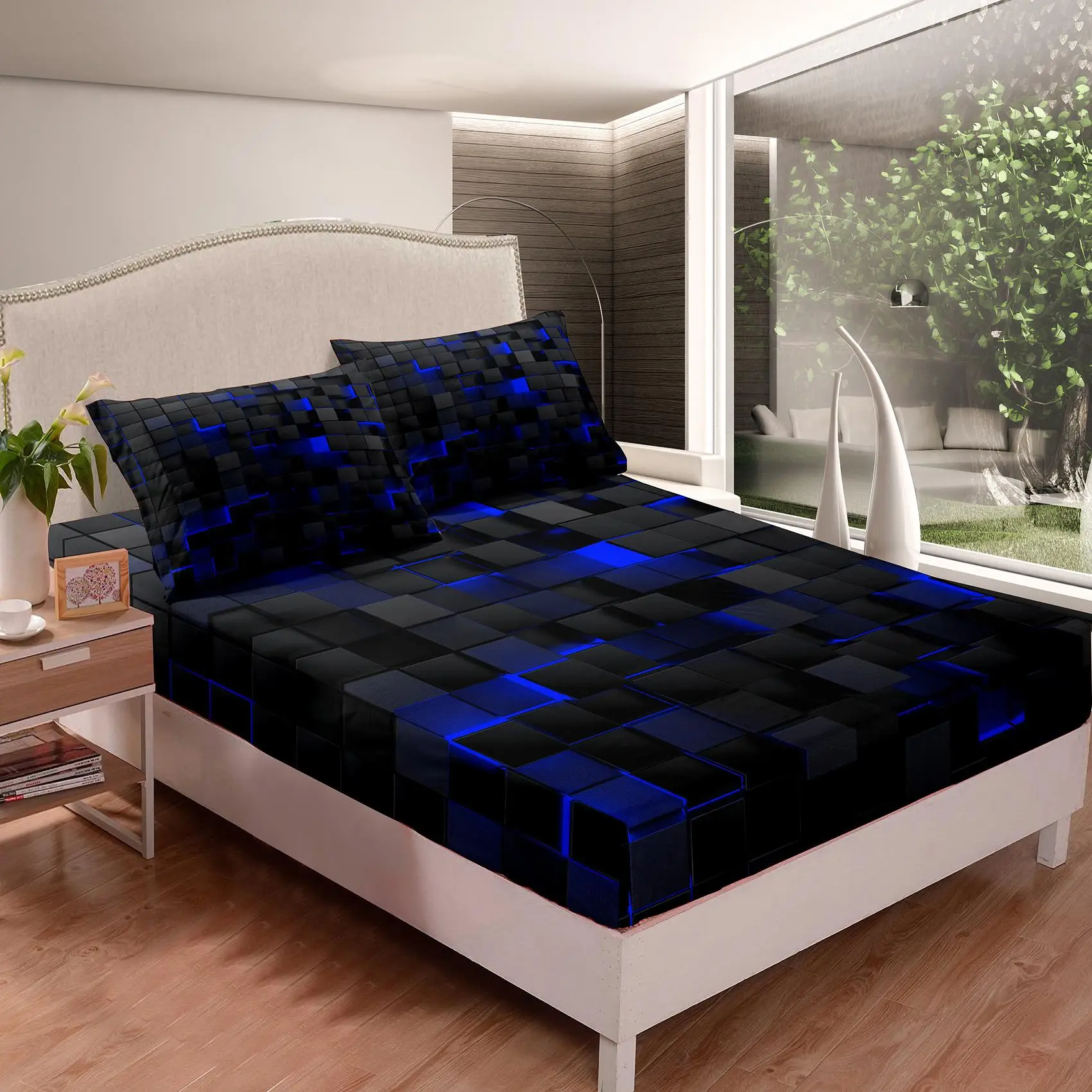 Cool Bedroom Bedding Sets, 1 Count Modern Honeycomb Plaid Print Fitted Sheet & 2 Counts Pillowcase Set, Soft Comfortable Bedding Set, Bedding Supplies