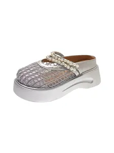 Summer Mesh Breathable Pearl Mary Jane Thick Sole Mules, Chunky Heel Height Boost Slip-On Sandals, Soft Style Commuter Outdoor Shoes