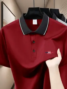 Men's Summer Business Polo Shirt, Paris French Pattern Print, Short Sleeve, Quick Dry Breathable Birdseye Fabric, Commute Wear