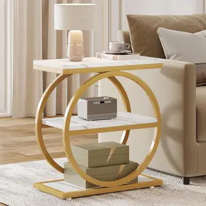 LustreC End Table with Storage Shelves Pack of 2, 3-Tier Wooden Industrial Sofa Side Table with Black Metal Frames for Living Room, Slim Nightstand and Bedside Table for Bedroom, White & Gold