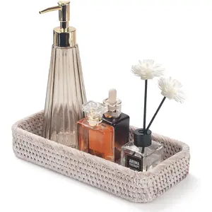 Rattan Bathroom Vanity Trays Toilet Tank Baskets Long Narrow Hand Towel Storage Basket for Storage, Decorative (Whitewash 10.2 x 4.9 x 1.6 inch)