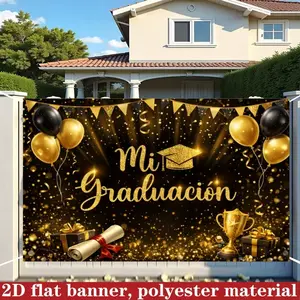 1PC Black Gold Graduation Season Polyester Banner, Party Decorations Banners, Spanish Mi Graduación Graduation Party Decoration Graduation Ceremony/Graduation Photo Shooting Background Black Gold Powder Balloon Bachelor’s Cap Trophy Design