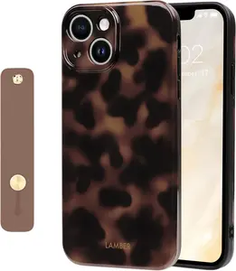 NITITOP Soft TPU Shockproof Protective Case with Wrist Strap for iPhone 14 Plus/15 Plus, Cute Leopard Print Amber Tortoise Design for Women, Phone Accessories with Enhanced Protection - Brown2