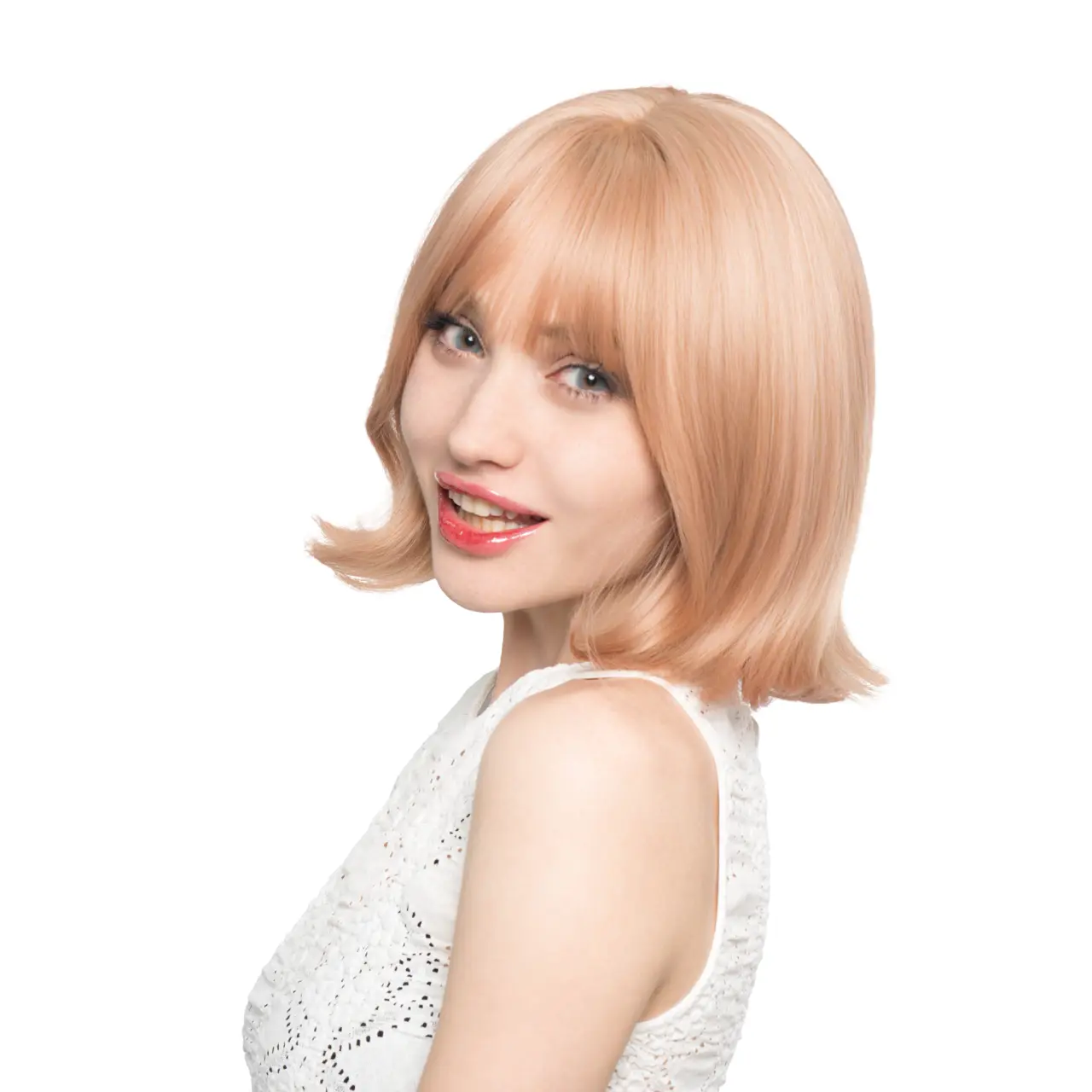 10-Inch Strawberry Peach Smoothie Blonde (Warm Cream Blonde Base, Subtle Red-Pink Tones) Soft Curled Front w/ Flicked Ends Synthetic Wig | 【Heat Resistant】【Cap Included】 | #25 53FSGC