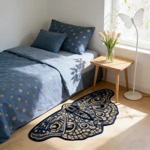 Irregular Shape Bedside Rug, Vintage Blue Gold Butterfly Design, Luxurious Home Decor Carpet for Bedroom, Living Room, Kitchen