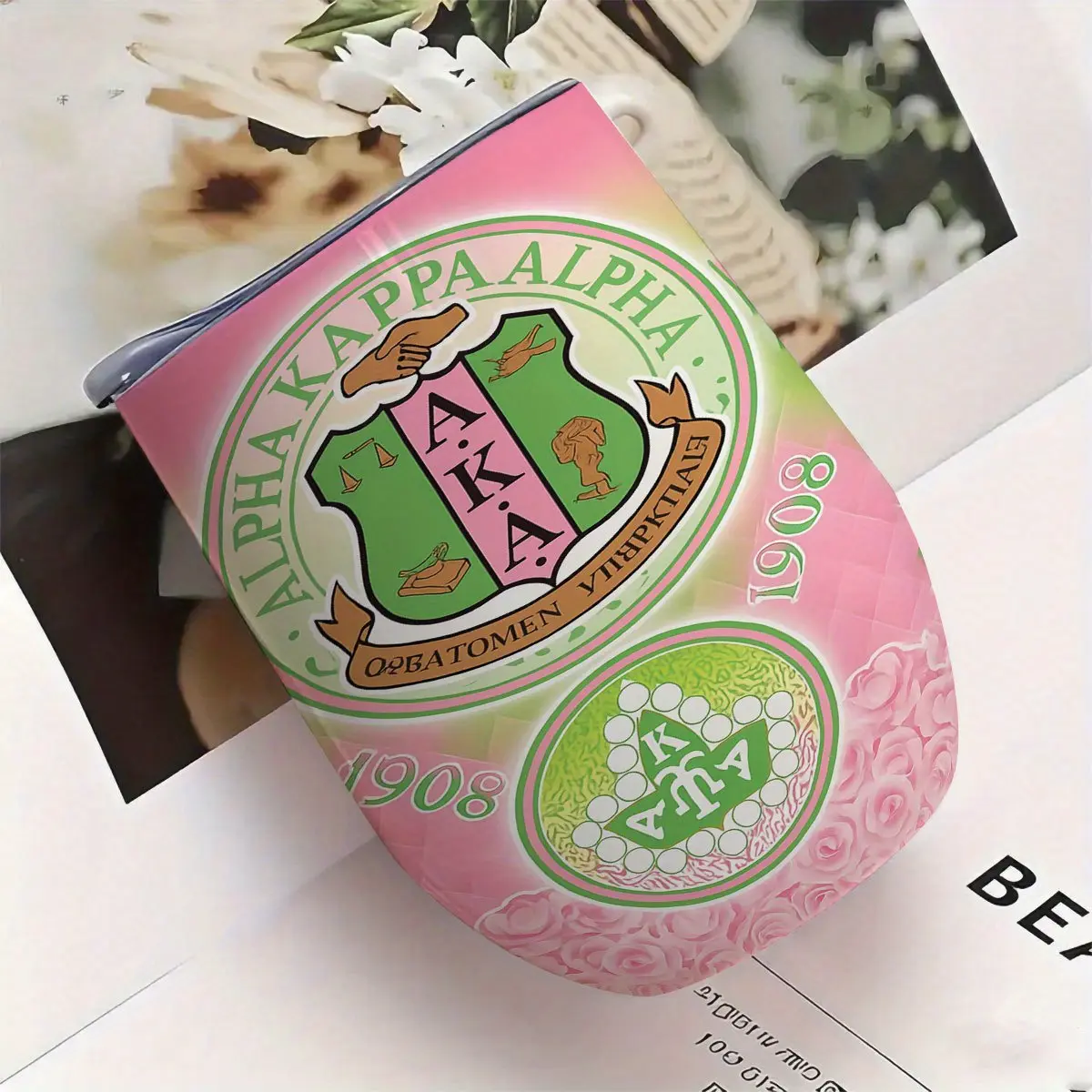 1 Alpha Kappa Alpha Sorority Cup - Pink Green Greek Letters, BPA Free Leak-Proof Stainless Steel Insulated Cup, Elegant Sorority Design, Suitable for Home, Travel, Office - AKA Member Birthday/Christmas Gift, Travel Drinkware, Decorative Pattern, Durable