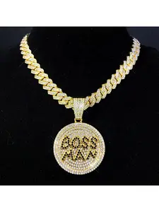 Popular full-diamond English letter pendant hip-hop exaggerated creative round tag street fashion alloy Cuban necklace Diamond Studded Pendant Cuban Link Chain