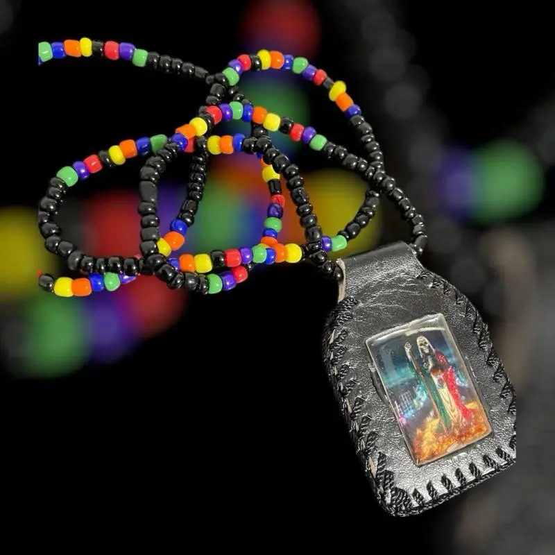 Mex. Holy Death Beaded Rosary with Colorful Beads and Black leather Cultural Handcrafted Cross Charm Necklace