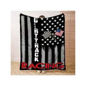 Dirt Track Racing Knitted Polyester Flannel Throw Blanket, American Flag And Checkered Flag Design, Soft Comfortable All-Season Digital Print Bed Sofa Office Camping Blanket-30*40in