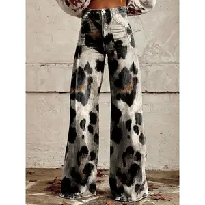 Women's Plus Size Retro Bohemian Floral Print Wide Leg Jeans - 3D Printed Non-Stretch Denim Pants with Button Closure, Machine Washable Casual Trousers for Spring/Fall, Spring Fall Attire, Durable Fabric