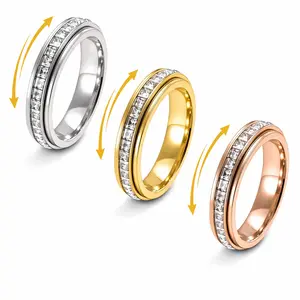 Unisex 360-Degree Rotatable Stress-Relief Spinner Ring, Titanium Steel Band with Cubic Zirconia, Comfortable Fit Everyday tarnish Jewelry, Wedding Promise Band or Mother's Day Gift, Anti-Anxiety Accessory, Sizes 5–12 proof
