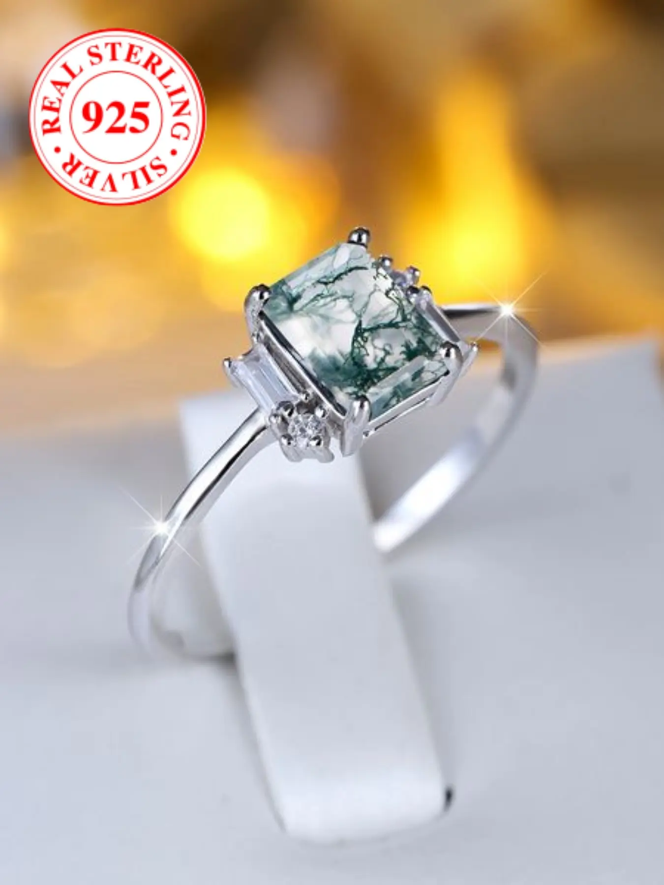 Elegant S925 Silver Rectangle Water Grass Agate Ring, Wedding Bridal Engagement Ring, Wedding Anniversary Ring, Women's Evening Party Jewelry, Perfect Gift Choice with Box