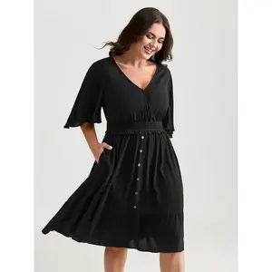 BloomChic Summer Turn-Up Plus Size Crepe Shirred Ruffled Sleeve Mini Dress 1x-6x 2026 Mother's Day Gift Black 3/4 Sleeve Overlap Collar Rayon Fit Casual Swimweek, Fabric,Spotlight,Summer wins,Deals for your days