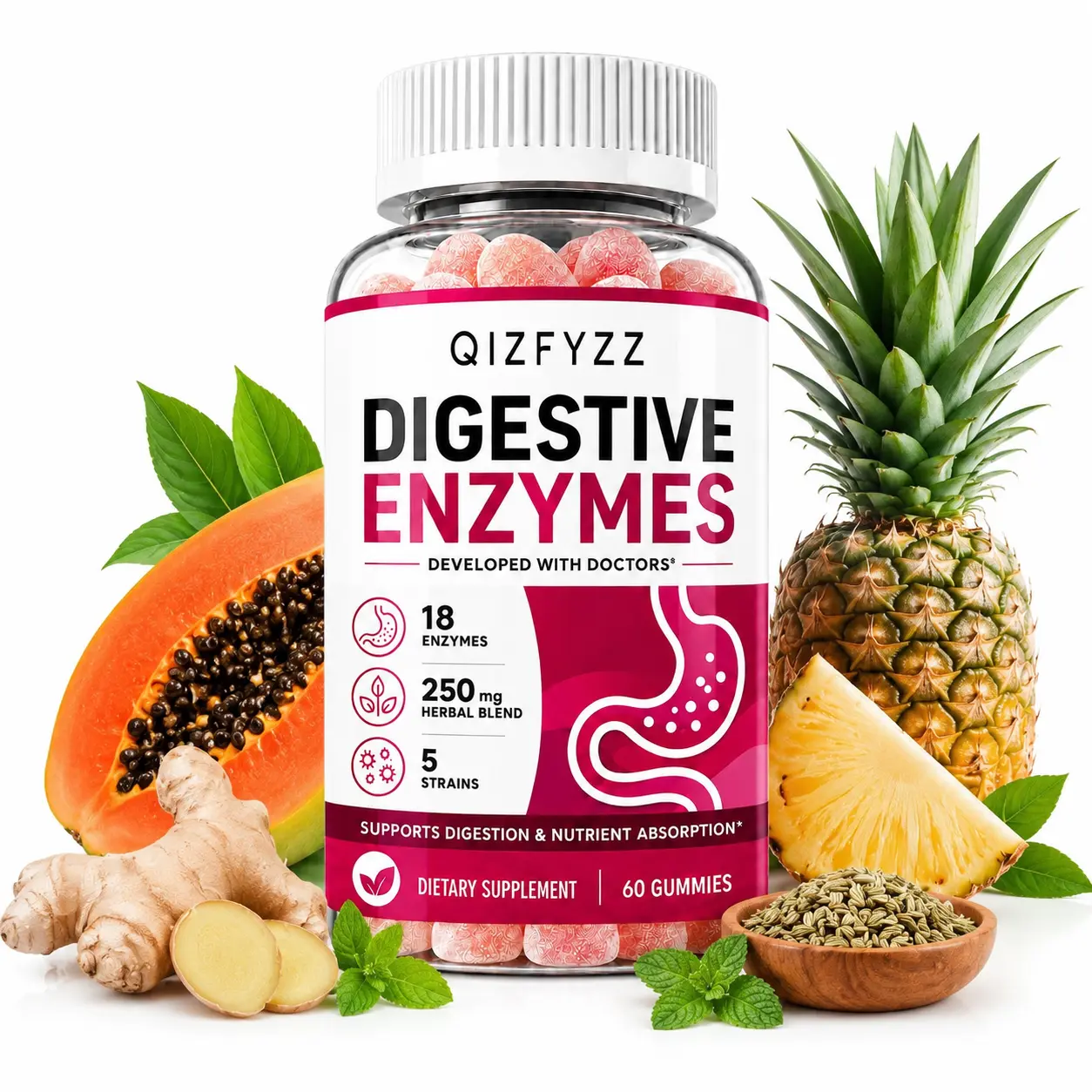 Digestive Enzymes Gummies, 18 Enzyme Blend with Herbal Ingredients & 5 Strains, Daily Digestive Wellness Support, Easy Chewable Supplement, 60 Gummies