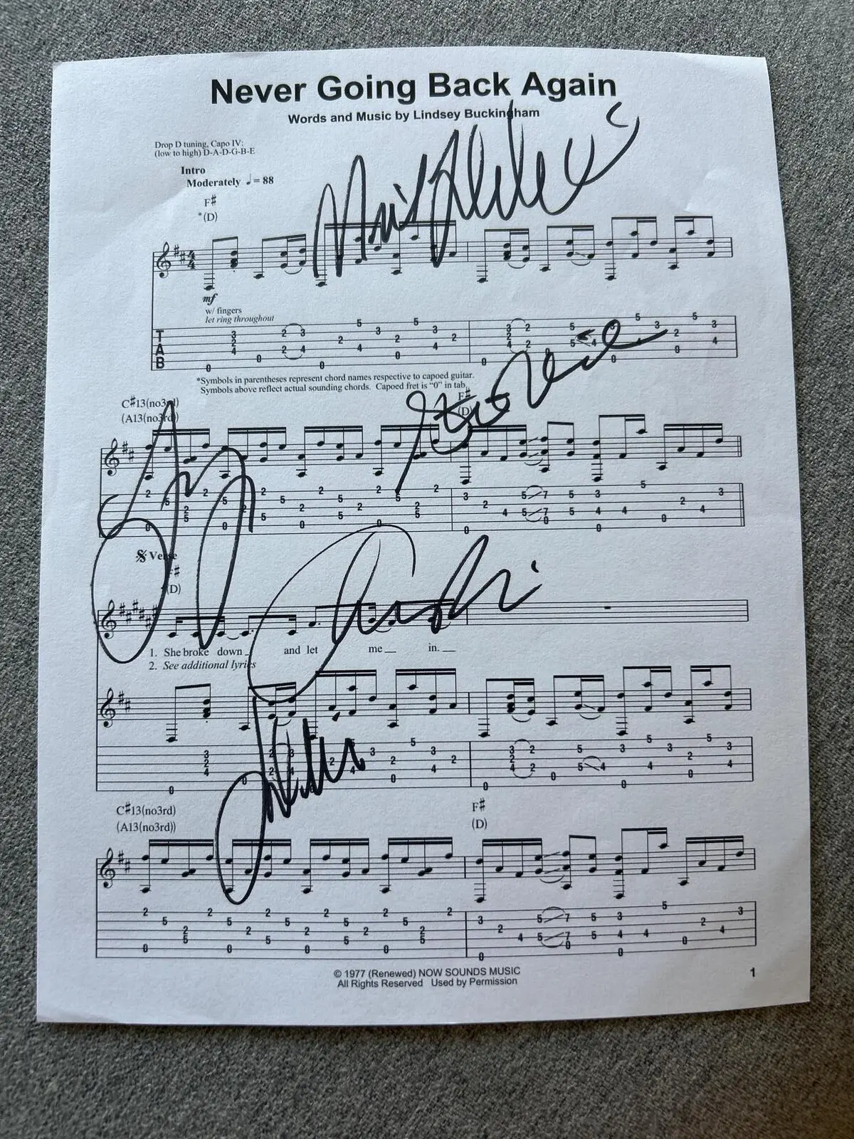 Fleetwood Mac Signed "Never Going Back Again" Music Sheet - Signed Autographed by Stevie Nicks, Lindsey Buckingham, Christine McVie, John McVie, Mick Fleetwood - Collectibles with COA Included