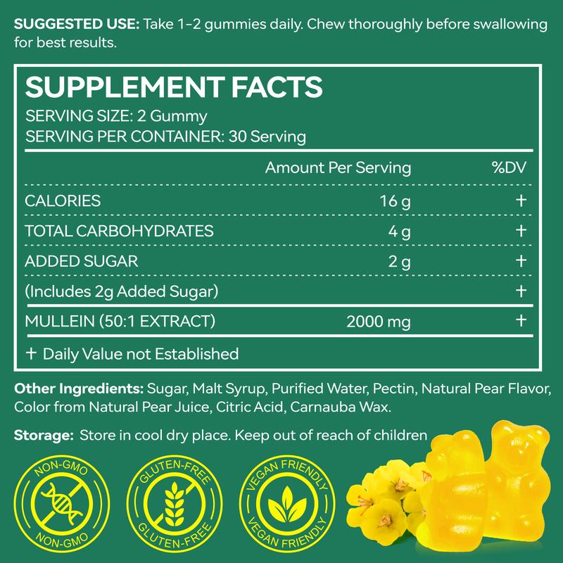 Mullein Gummies for Lungs, Edible Fitness Dietary Gummy, 2000mg Mullein Leaf Extract, mullein lung detox,Pear Flavor Gummies Supplement Healthcare Natural Wellness Boost Vitamin