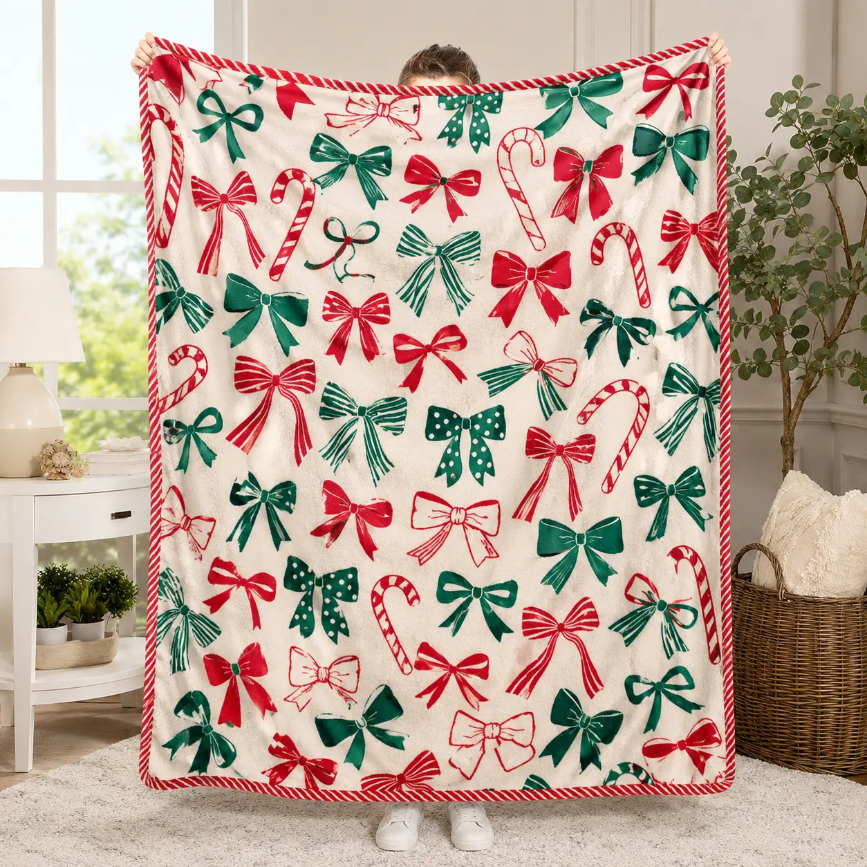 Vintage Coquette Christmas Bow Candy Cane Flannel Blanket | Cream Base Red Green Ribbon Holiday Throw Blanket