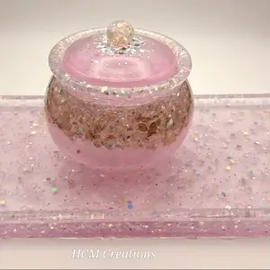 HCM Creations Handmade Trinket Jar with Glitter Lid and Pink Resin Body for Jewelry Storage