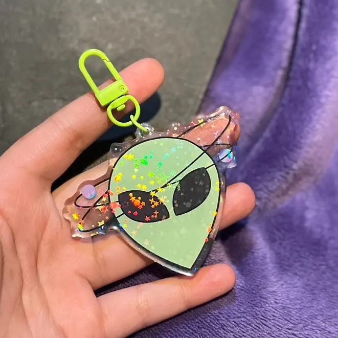 Dizzy Alien Acrylic Keychain (3in)| Cute Cryptid Acrylic Keychain Charm, Alien Head Keychain, Holographic Backpack Keychain, Halloween Charm